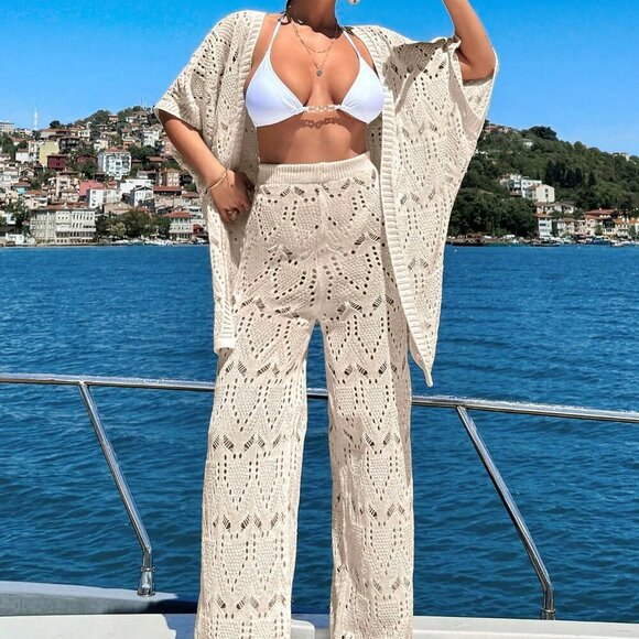 Beige Women's Crochet Knit Cover Up Jacket And Pants Cover-Up Set - Picture 1 of 7